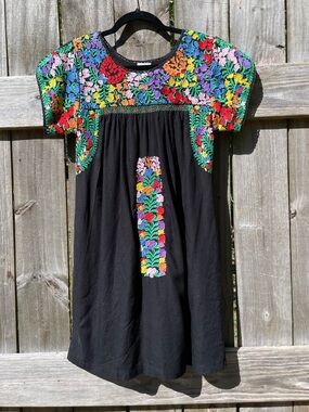 J. Marie Black Mini Dress with Multicolor Floral Embroidery Sz XS